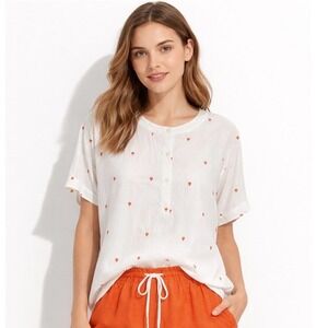 LOFT Ann Taylor White Rooster Embroidered Henley Blouse Top S‎ Vacation 79-13
